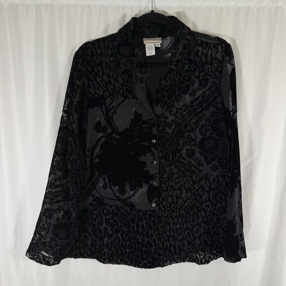 Coldwater Creek Tops - Coldwater Creek Blouse Women's Medium Black Seude Sheer Buton Up Long Sleeve